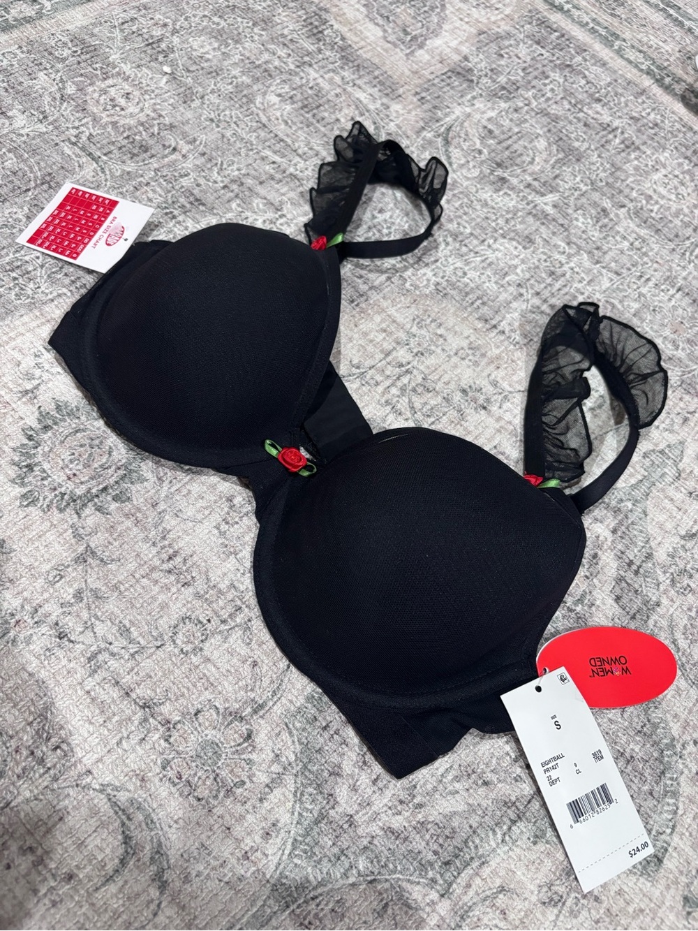 Parade Black Padded Bra with Ruffle Straps and Rose Accent size Small, 32C, 32D